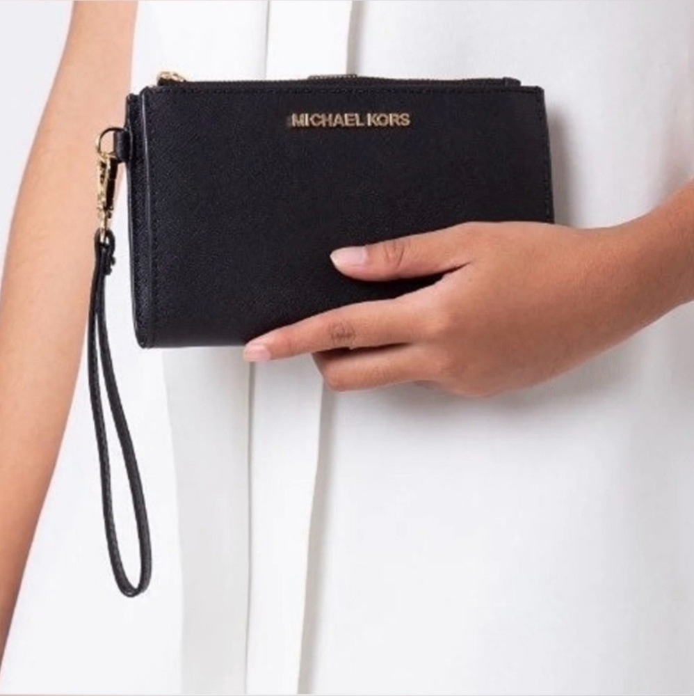 Michael Kors Jet Set Travel Double Zip Wristlet Black Saffiano Wallet Leather - Picture 3 of 15